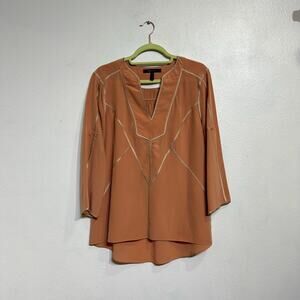 BCBGMAXAZRIA Dusty Pink Geometric Trim Silk Roll Tab Sleeves Blouse Sz S